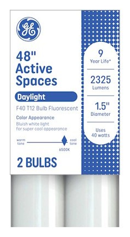 GE 93130677 Tube Light Bulb, 40 W, T12 Linear Lamp, G13 Bi-Pin Lamp Base, 2900 Lumens, 6500 K Color Temp, Daylight