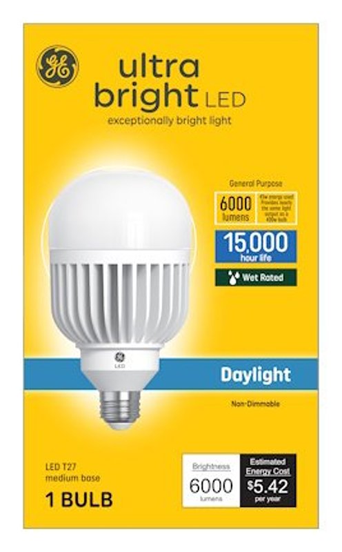 GE 93130928 LED Light Bulb, Ultra-Bright, T27 Lamp, 400 W Equivalent, E26 Medium Lamp Base, Non-Dimmable, Daylight
