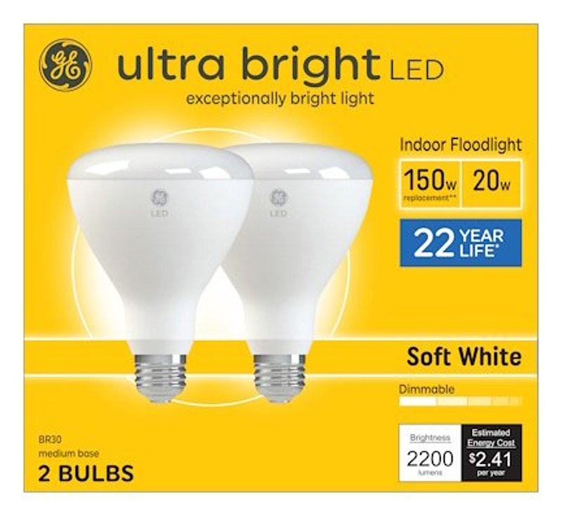 GE 93130933 LED Light Bulb, BR30 Lamp, 150 W Equivalent, E26 Medium Lamp Base, Dimmable, Soft White Light