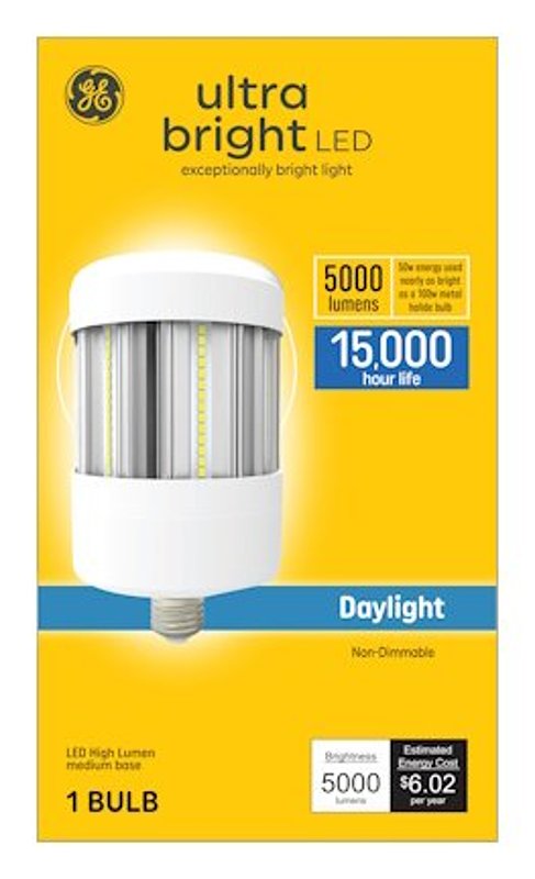 GE 93130943 LED Light Bulb, Ultra-Bright, Corncob Lamp, 400 W Equivalent, E26 Medium Lamp Base, Non-Dimmable, Daylight