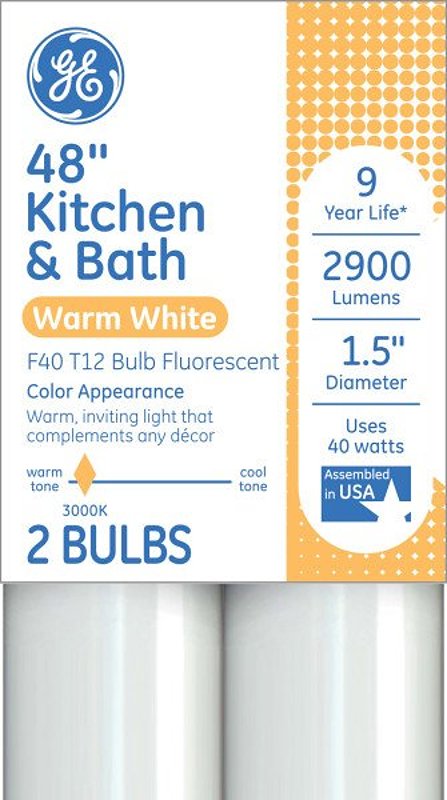 GE 93131325 Tube Light Bulb, 40 W, T12 Linear Lamp, G13 Bi-Pin Lamp Base, 2900 Lumens, 3000 K Color Temp, Warm White