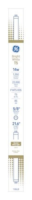 GE 93131493 Light Bulb, 14 W, T5 Linear Lamp, Miniature Bi-Pin Lamp Base, 1350 Lumens, 3500 K Color Temp, Bright White