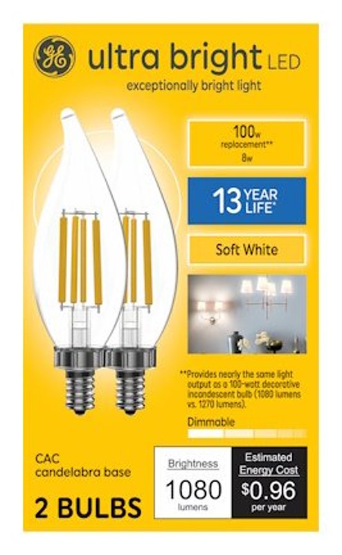 GE Ultra Bright Series 93131751 Light Bulb, CA12 Lamp, 100 W Equivalent, E12 Candelabra Lamp Base, Yes, Clear
