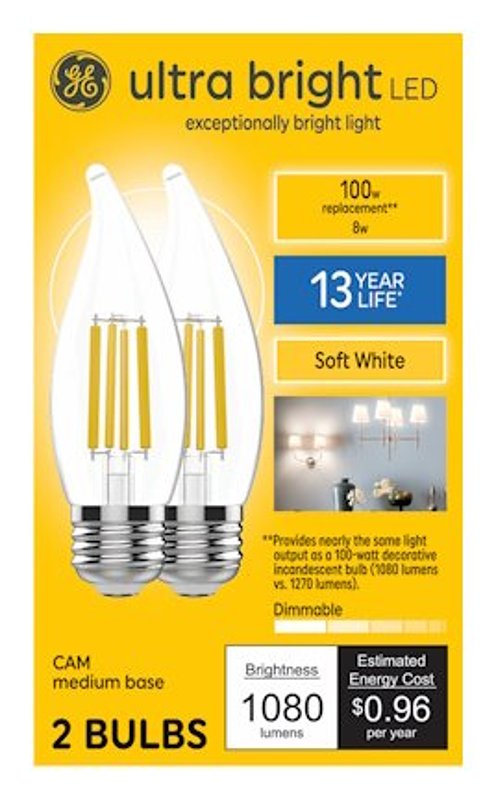 GE 93131752 Bulb, Candle Lamp, 100 W Equivalent, Medium Lamp Base, Yes, Warm White, 2700 K Color Temp