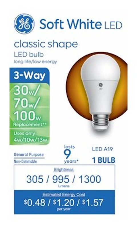 GE Basic Series 93131783 Light Bulb, Three-Way, A19 Lamp, 100 W Equivalent, DC Medium Lamp Base, Frosted, Soft White
