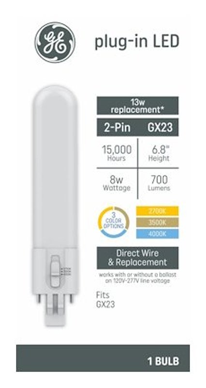 GE 93131926 LED Light Bulb, T10 Lamp, 13 W Equivalent, GX23 Lamp Base, Cool White/Daylight/Warm White