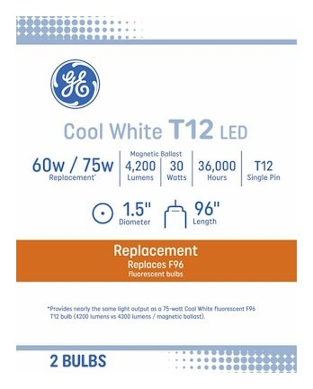 GE 93132046 LED Linear Light Bulb, T12 Lamp, 75 W Equivalent, Single Pin Lamp Base, Cool White, 4000 K Color Temp