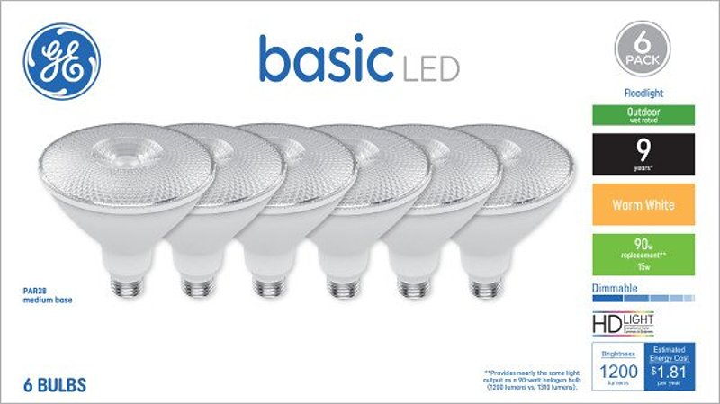 GE 46993 LED Light Bulb, Spot and Flood, PAR38 Lamp, 90 W Equivalent, E26 Medium Screw-In Lamp Base, Yes, Opaque