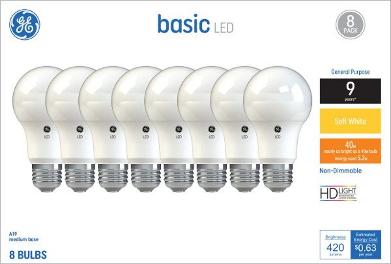 GE 37033 LED Light Bulb, A19 Lamp, 40 W Equivalent, E26 Medium Screw Lamp Base, No, Diffuse, Soft White