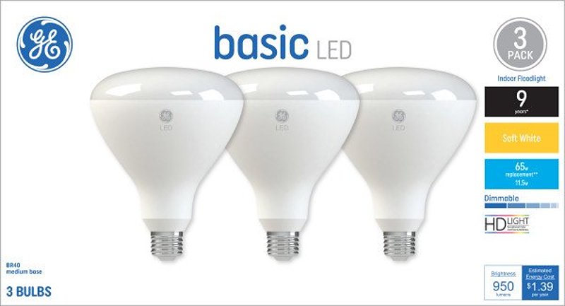 GE 46979 LED Light Bulb, Spot and Flood, BR40 Lamp, 65 W Equivalent, E26 Medium Screw-In Lamp Base, Yes, Frosted