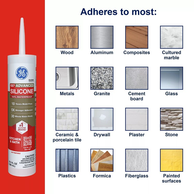 GE Advanced Silicone 2 2816707 Kitchen & Bath Sealant, Almond, 24 hr Curing, 10.1 fl-oz Cartridge