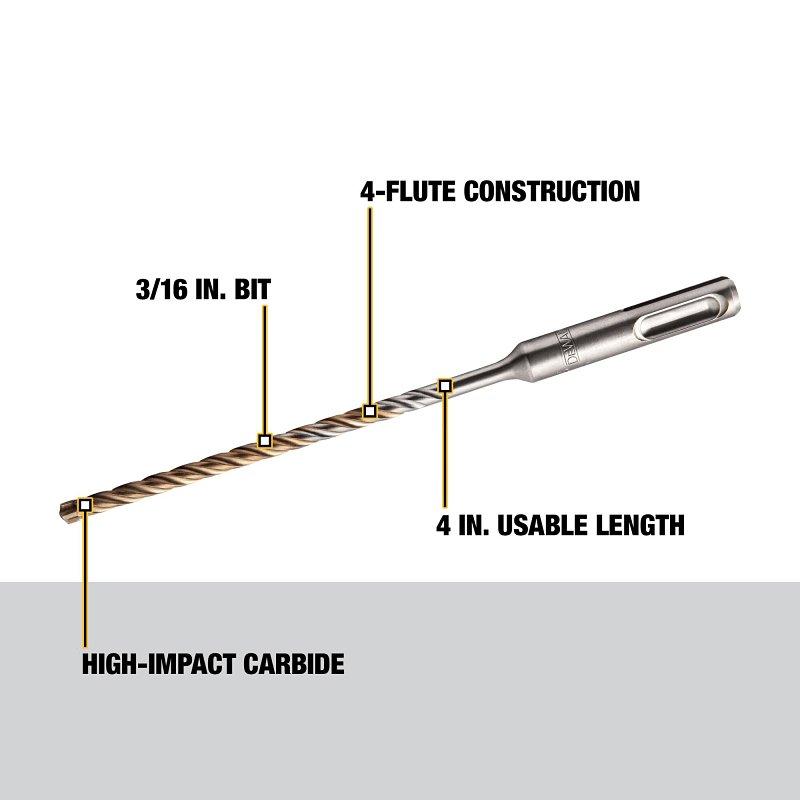 DEWALT DW5503 Drill Bit, 3/16 in Dia, 6-1/2 in OAL, 4-Flute, 25/64 in Dia Shank, SDS Plus Shank