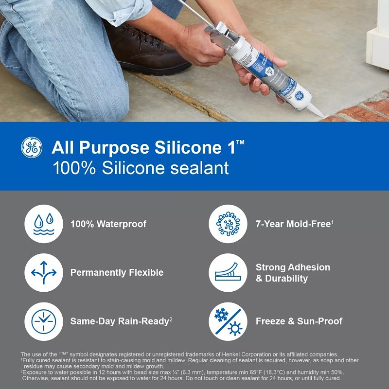 GE Silicone 1 2795576 All Purpose Sealant, Clear, 24 hr Curing, 10.1 fl-oz Cartridge