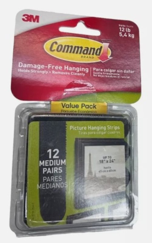 Command 17204BLK-12ES Medium Picture Hanging Strip, 3/4 in W, 2-3/4 in L, Foam Backing, Black, 3 lb