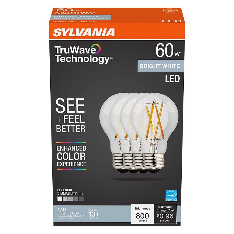 Sylvania 42099 Lamp, A19 Lamp, 60 W Equivalent, Medium Screw E26 Lamp Base, Dimmable, Clear, Neutral White