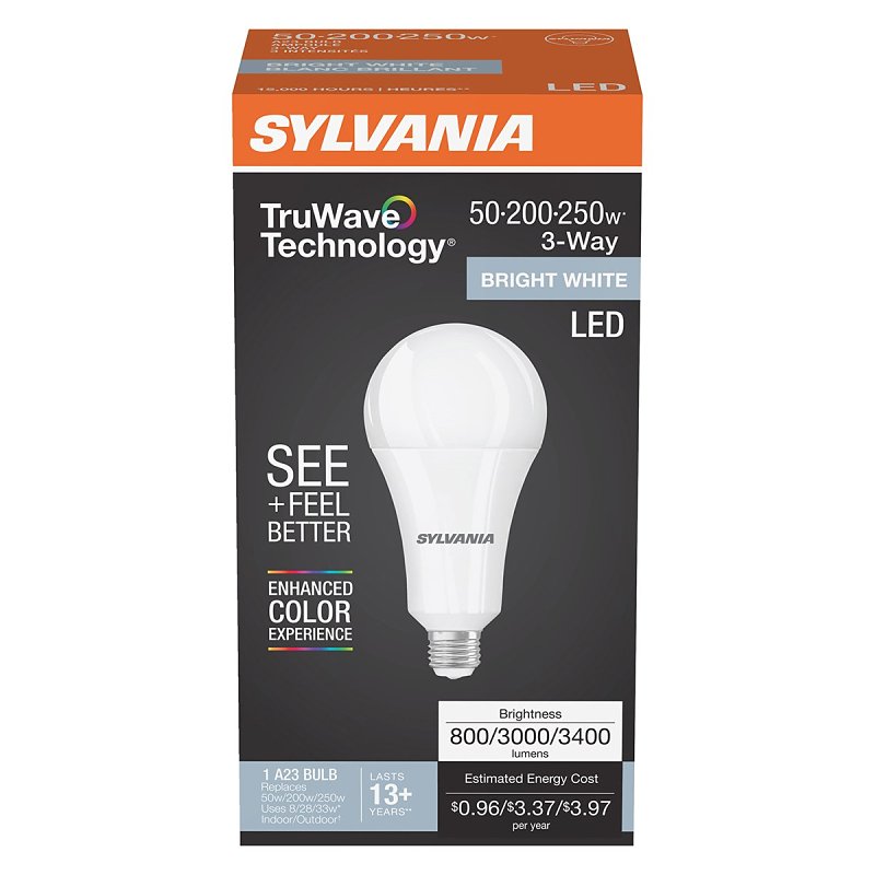 Sylvania 42081 Lamp, Three-Way, A23 Lamp, 50 to 250 W Equivalent, Medium Screw E26 Lamp Base, Neutral White