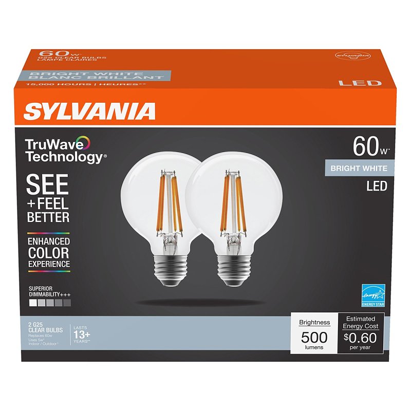 Sylvania TruWave Series 42088 LED Bulb, G25 Lamp, 60 W Equivalent, Medium E26 Lamp Base, Dimmable, Clear, Bright White