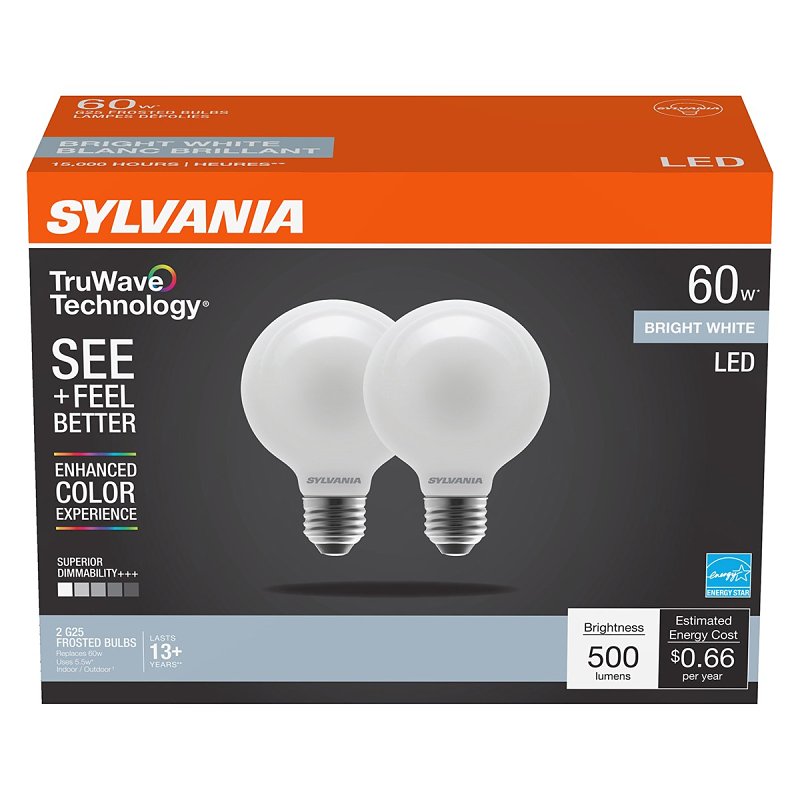 Sylvania TruWave Series 42087 LED Bulb, G25 Lamp, 60 W Equivalent, Medium E26 Lamp Base, Dimmable, Frosted