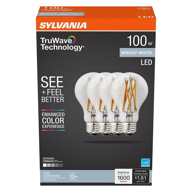 Sylvania 42101 Lamp, A21 Lamp, 100 W Equivalent, Medium Screw E26 Lamp Base, Dimmable, Clear, Neutral White