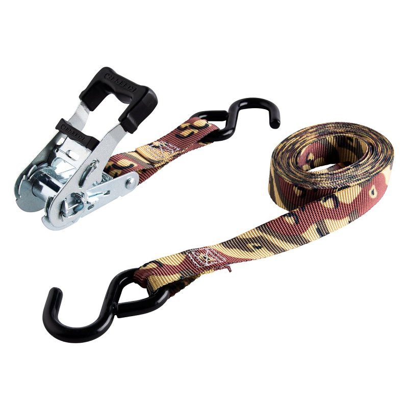 Keeper 47320 Ratchet Tie Down With Open Handle, 1 in W, 12 ft L, Camo, 500 lb Working Load, S-Hook End
