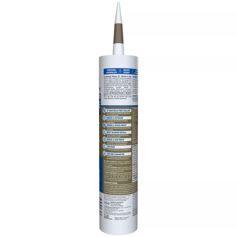 GE Advanced Silicone 2 2813701 Window & Door Sealant, Brown, 24 hr Curing, 10.1 fl-oz Cartridge