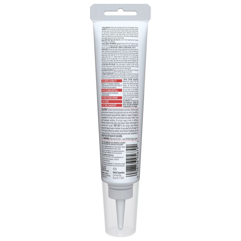 GE Advanced Silicone 2 2812566 Kitchen & Bath Sealant, White, 24 hr Curing, 2.8 fl-oz Squeeze Tube