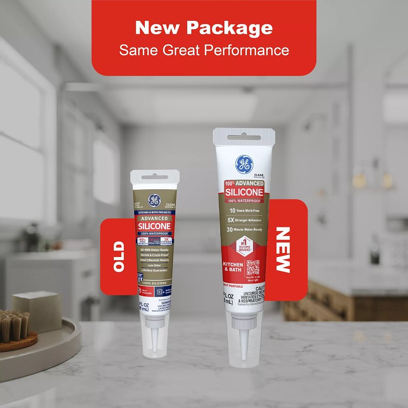 GE Advanced Silicone 2 2812566 Kitchen & Bath Sealant, White, 24 hr Curing, 2.8 fl-oz Squeeze Tube