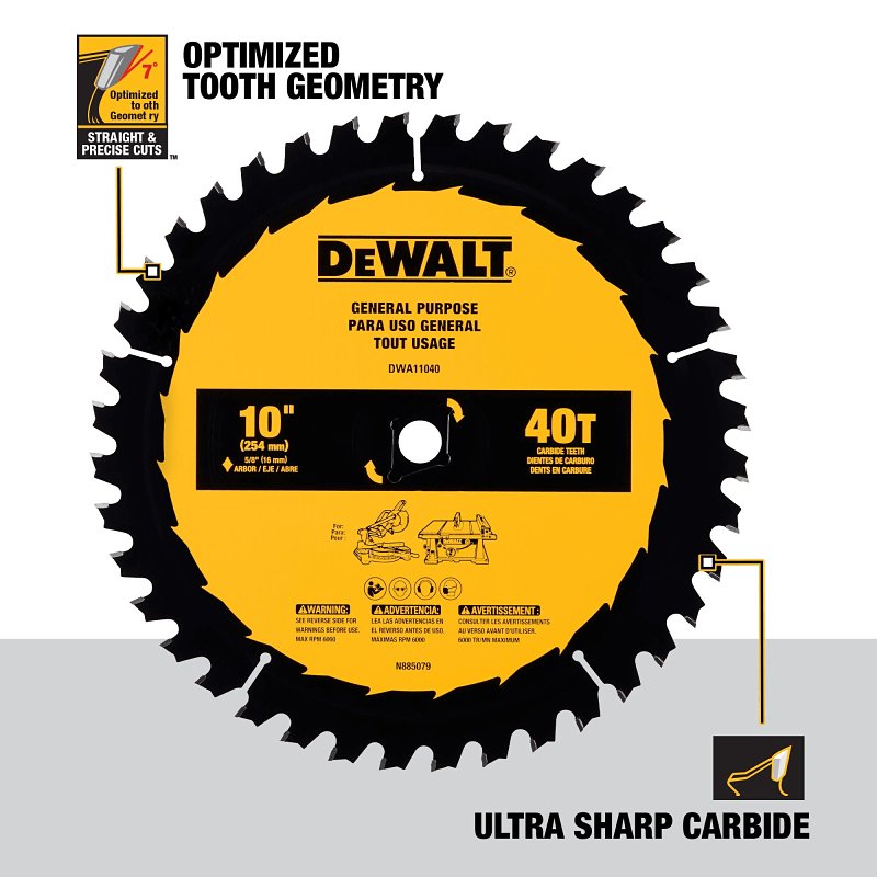 DEWALT DWA11040 General-Purpose Circular Saw Blade, 10 in Dia, 5/8 in Arbor, 40-Teeth, Wood Cutting Edge