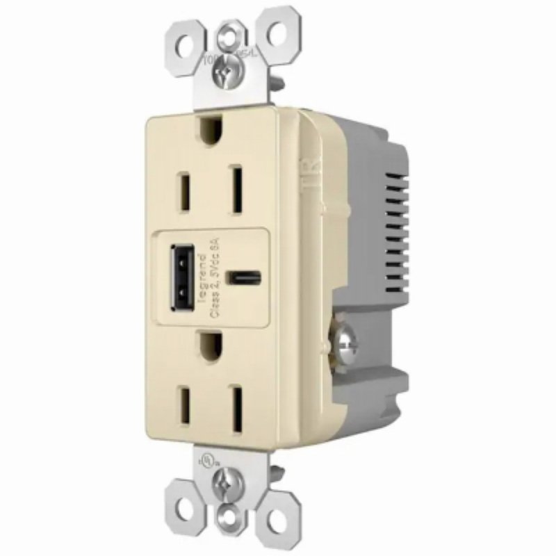 Legrand radiant R26USBAC6LACCV4 USB Outlet, 15 A, 125 V, Type A, C USB, NEMA: NEMA 5-15R, Light Almond