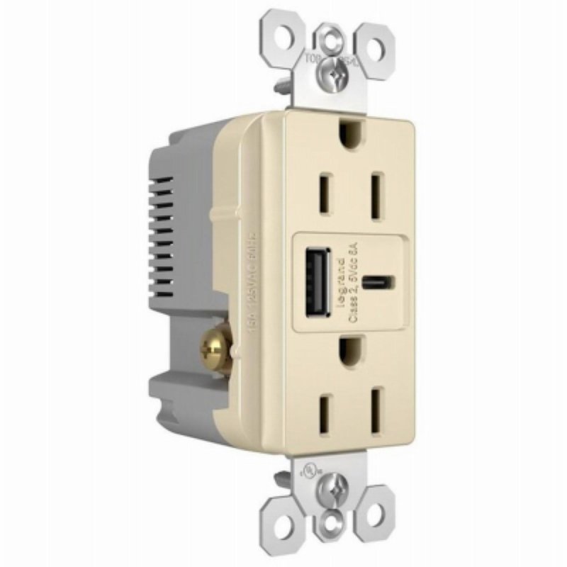 Legrand radiant R26USBAC6LACCV4 USB Outlet, 15 A, 125 V, Type A, C USB, NEMA: NEMA 5-15R, Light Almond