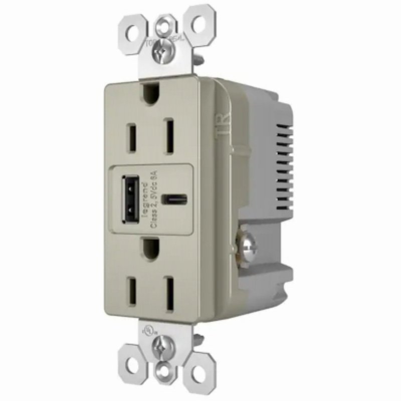 Legrand radiant R26USBAC6NICCV4 USB Outlet, 15 A, 125 V, Type A, C USB, NEMA: NEMA 5-15R, Nickel