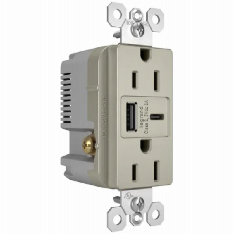 Legrand radiant R26USBAC6NICCV4 USB Outlet, 15 A, 125 V, Type A, C USB, NEMA: NEMA 5-15R, Nickel