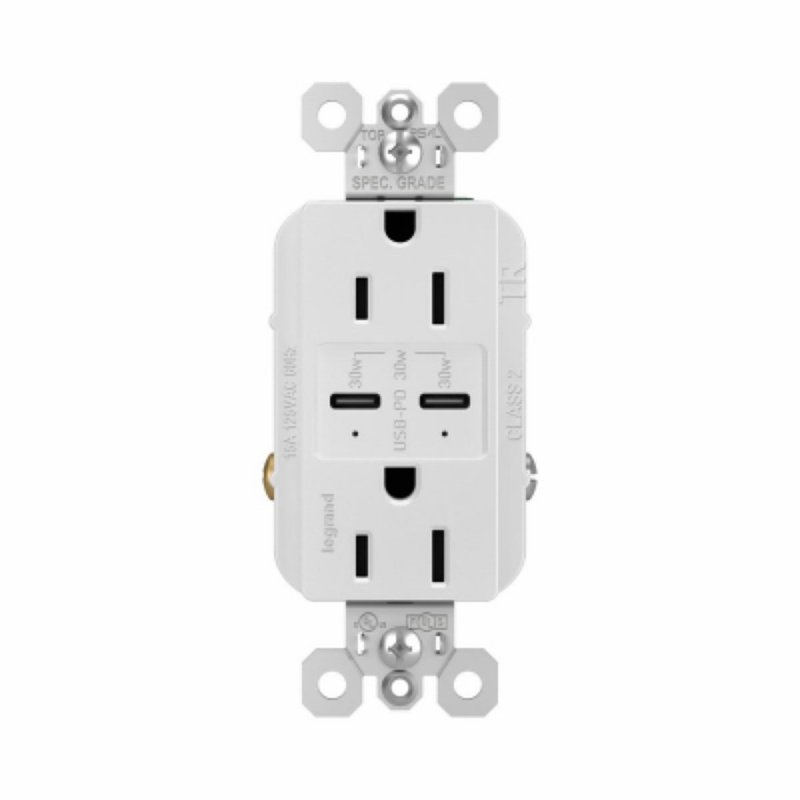 Legrand radiant Series R26USBPDWCC6 Outlet, 2-Pole, 15 A, 125 V, 2-USB Port, USB-C USB, NEMA: NEMA 5-15R