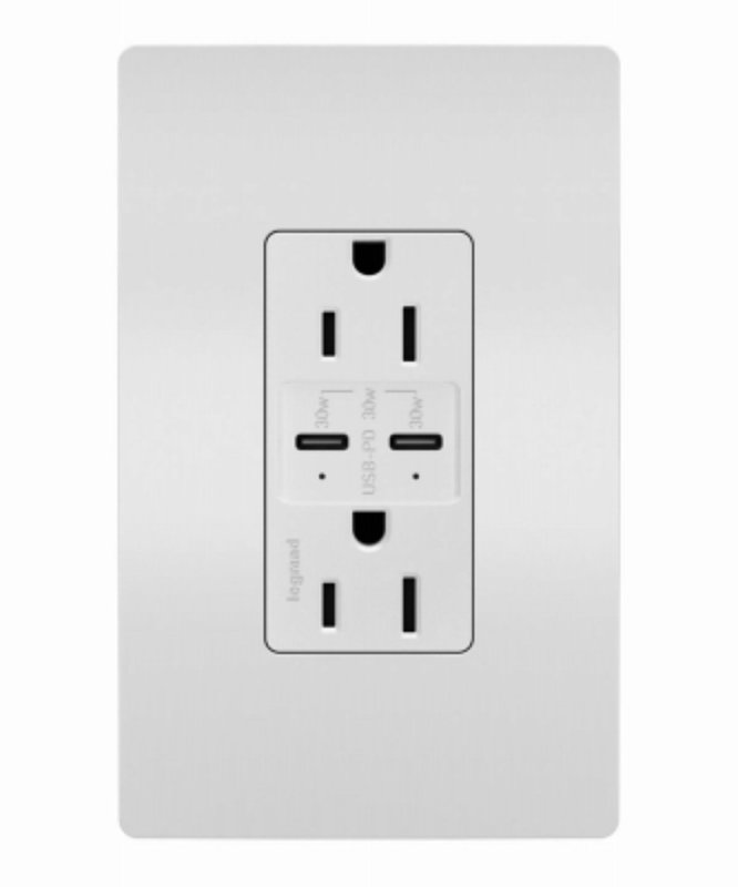 Legrand radiant Series R26USBPDWCC6 Outlet, 2-Pole, 15 A, 125 V, 2-USB Port, USB-C USB, NEMA: NEMA 5-15R