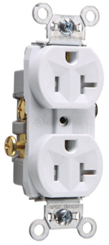 Pass & Seymour TR20WCC8 Duplex Receptacle, Nylon, White, 2-Pole, 20 A, 125 V, NEMA: 5-20R
