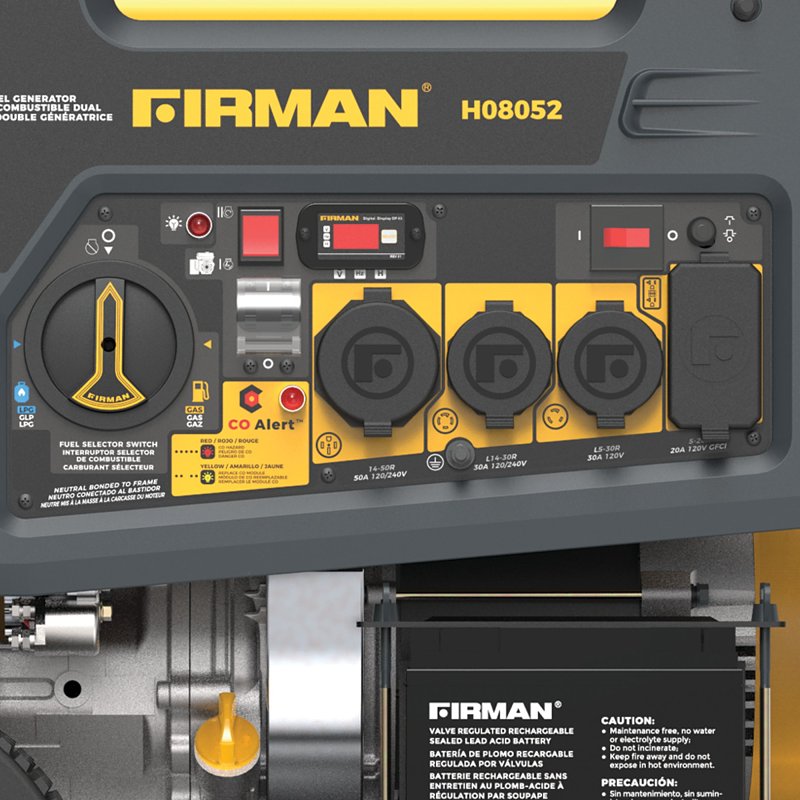 Firman Hybrid Series H08052 Dual Fuel Portable Generator with Co-Alert, 33 A, 120/240 V, 10,000/9050 w, Gasoline, LPG, 8 gal Tank