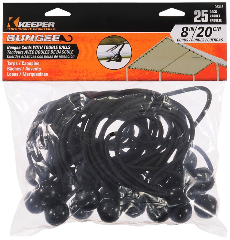 Keeper 06345 Bungee Cord, 8 in L, Rubber, Black, Toggle Ball End