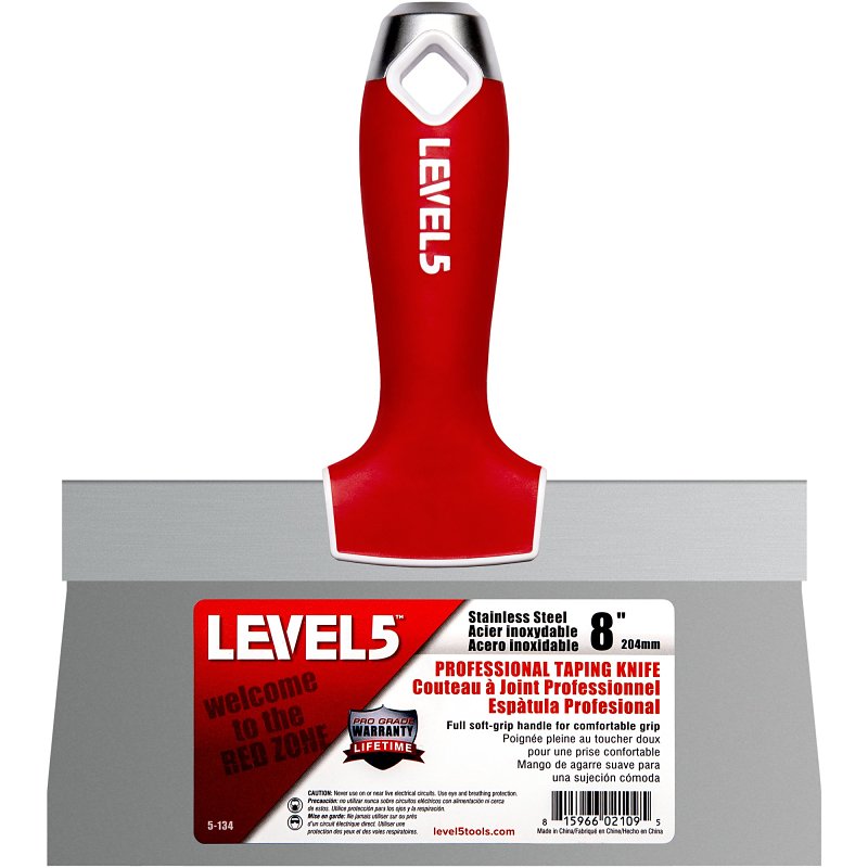 Level5 5-134 Taping Knife, 8 in W Blade, Stainless Steel Blade, Soft Grip Handle