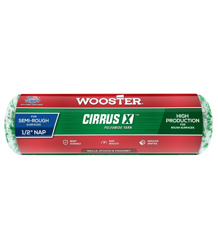 Wooster Cirrus X Series R184-9 Roller Cover, 1/2 in Thick Nap, 9 in L, Polyamide Yarn Fabric/Polypropylene Cover