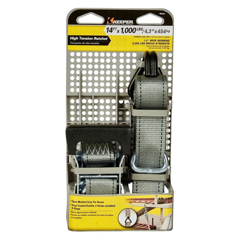 Keeper 05524 Tie-Down, 1-1/2 in W, 14 ft L, Polyester, Gray, 1000 lb, J-Hook End Fitting, Steel End Fitting