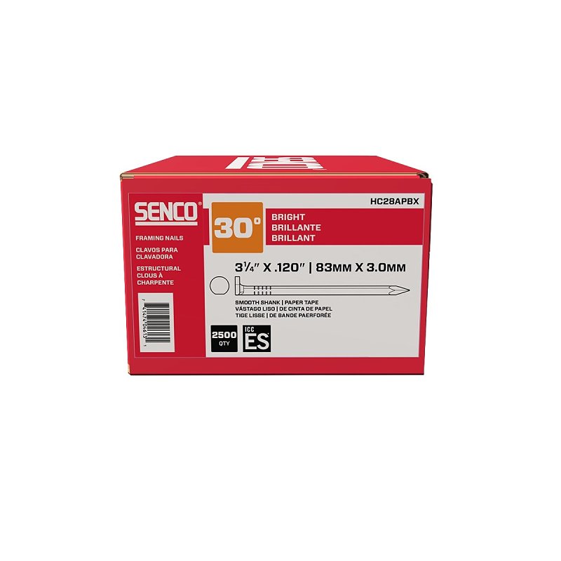 Senco HC28APBX Series Collated Nail, Paper Tape Collation, 3-1/4 in L, Steel, Bright Basic, Clipped Head, Smooth Shank