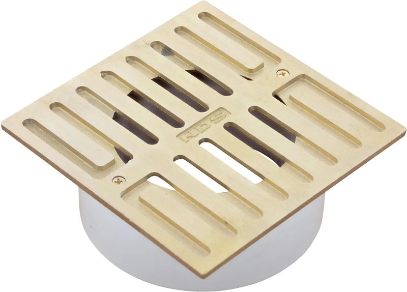 NDS 913B Grate with Collar, 4-3/4 in L, 4-3/4 in W, Square, 3/8 in Grate Opening, Brass/PVC, Satin Brass