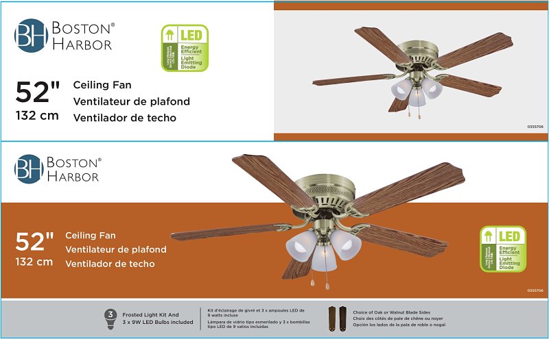 Boston Harbor CF-78049L Ceiling Fan Light Kit, 5-Blade, Antique Brass Housing, 52 in Sweep, MDF Blade, 3-Speed