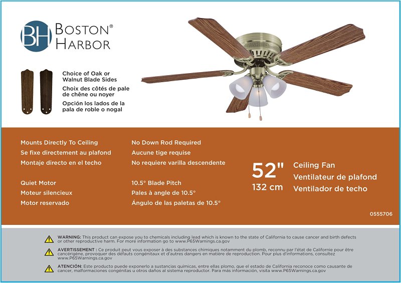 Boston Harbor CF-78049L Ceiling Fan Light Kit, 5-Blade, Antique Brass Housing, 52 in Sweep, MDF Blade, 3-Speed