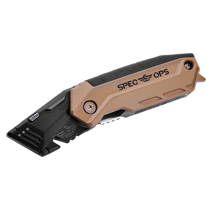 Spec Ops SPEC-K1-FF Folding Utility Knife, Steel Blade, 1-Blade, Pistol Grip Handle, Black/Flat Dark Earth Handle
