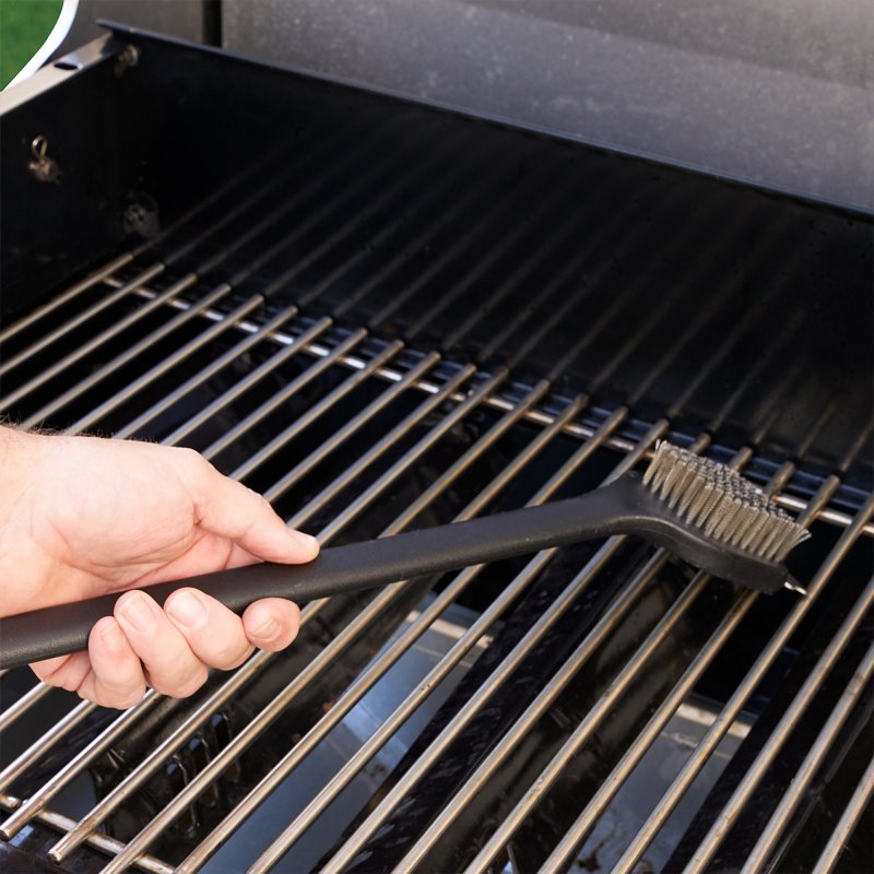 Mr. BAR-B-Q 60303Y Grill Brush with Scraper, Stainless Steel Bristle, TPR Handle, Soft-Grip Handle, 18 in L