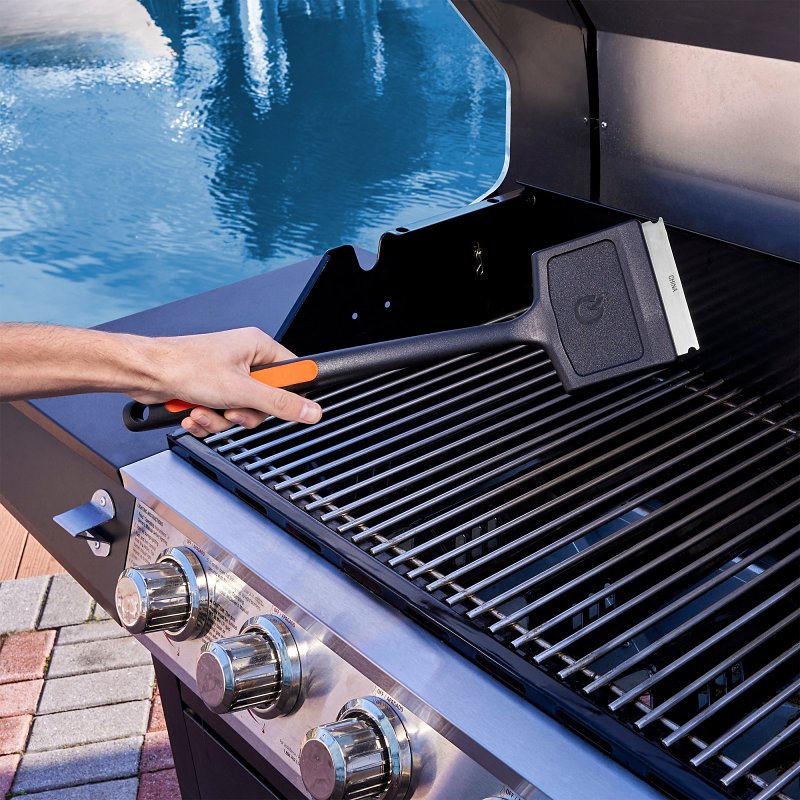 Mr. BAR-B-Q 60307Y Grill Brush with Scraper, Stainless Steel Bristle, TPR Handle, Soft-Grip Handle
