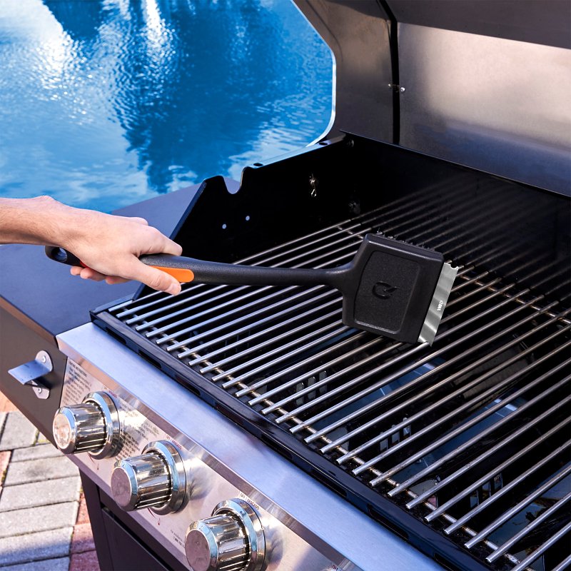 Mr. BAR-B-Q 60307Y Grill Brush with Scraper, Stainless Steel Bristle, TPR Handle, Soft-Grip Handle