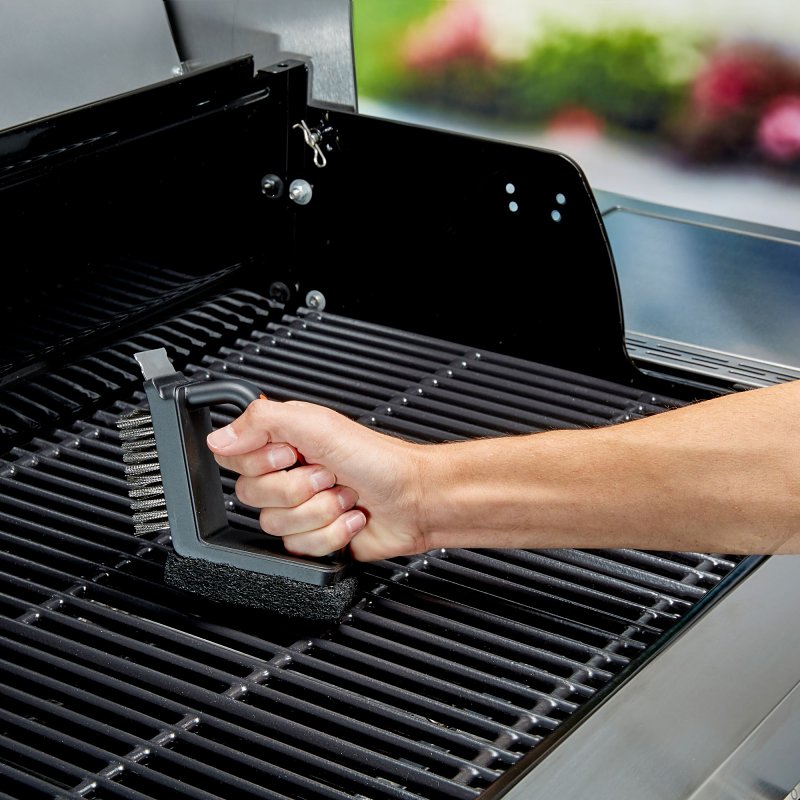 Mr. BAR-B-Q 60319Y Dual Head Grill Brush Scrub Pad and Scraper, Stainless Steel Bristle, Thermoplastic Rubber Handle