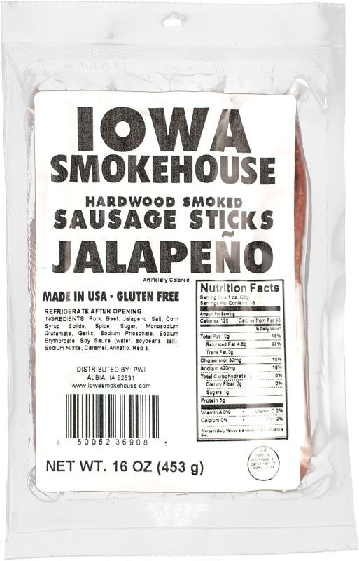 Iowa Smokehouse IS-16SSJ Sausage Snacks, Stick, Jalapeno, 16 oz